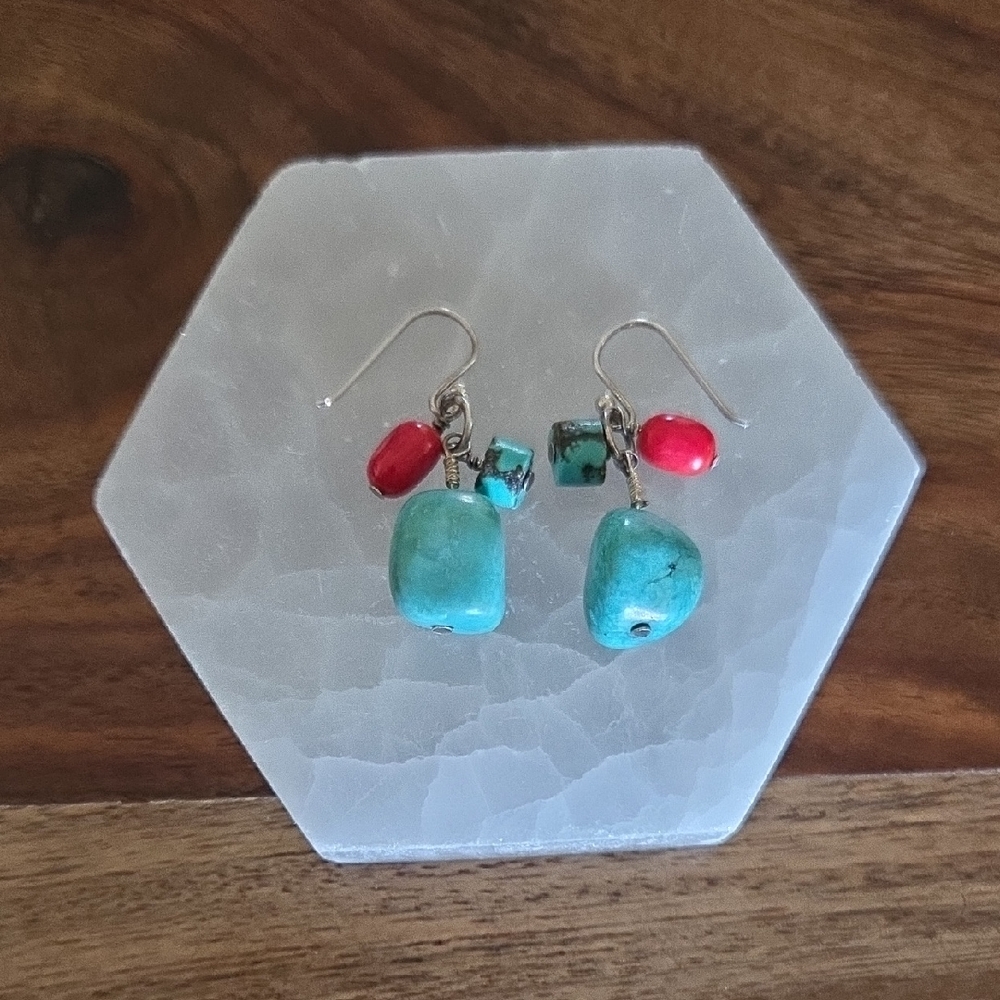 Sterling Silver Turquoise and Coral Stone Dangle Earrings